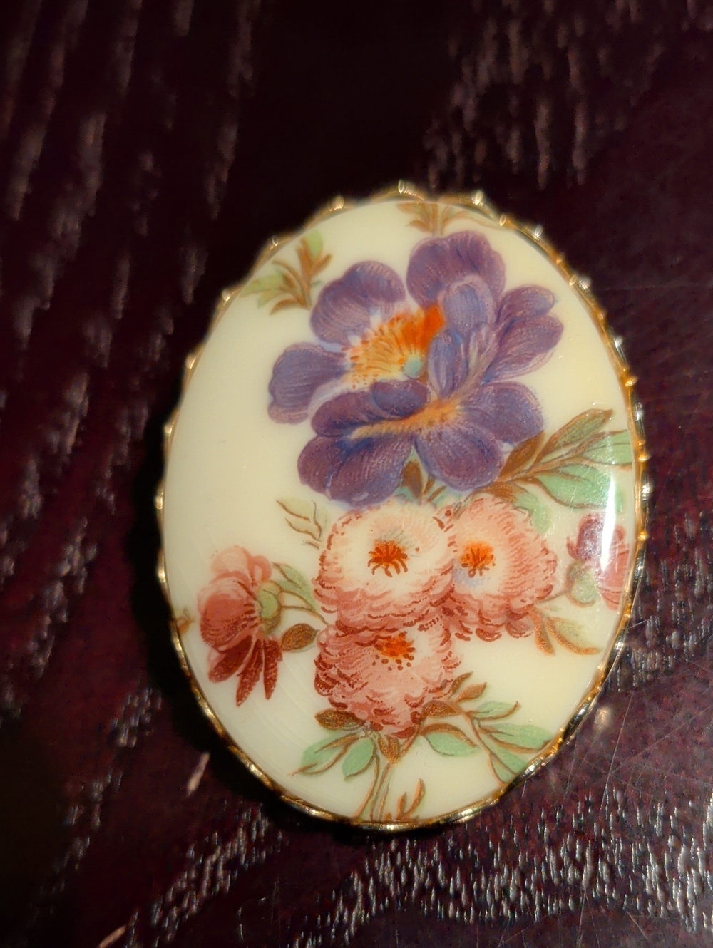 Porcelain Floral Oval Vintage Brooch in Cream with Purple & Pink Flowers